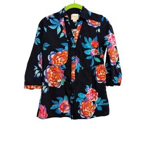 Maeve Anthropologie Floral Button Down Shirt Black Orange Pink 3/4 Sleeve Size 2